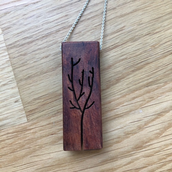 Handmade wooden tree pendant necklace with silver tone chain - Picture 4 of 5